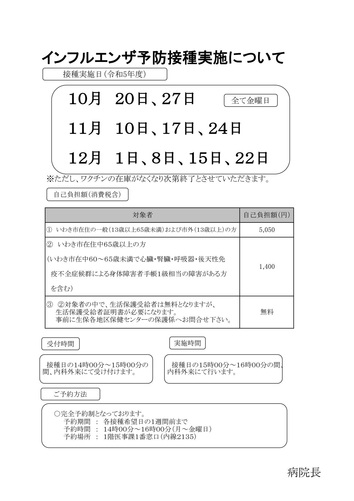 インフルエンザ予防接種実施について