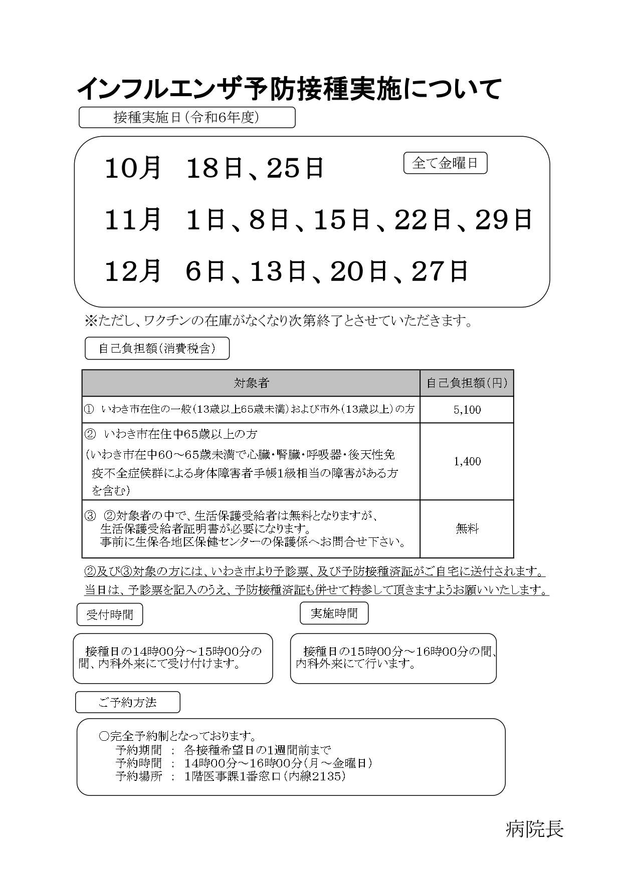 インフルエンザ予防接種実施について